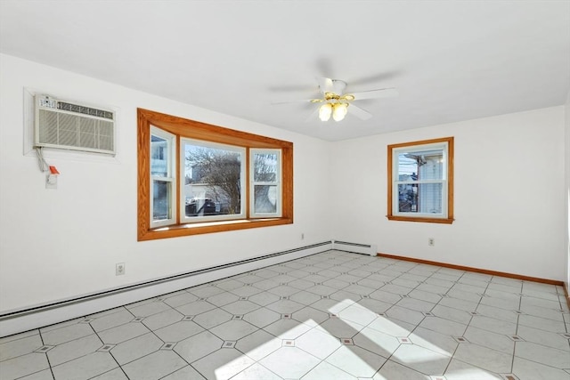 unfurnished room with ceiling fan, a baseboard radiator, and a wall unit AC