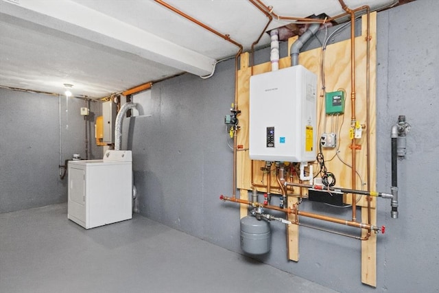 utility room with electric panel, washer / dryer, and water heater