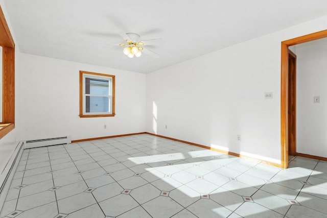 spare room featuring a baseboard radiator and ceiling fan