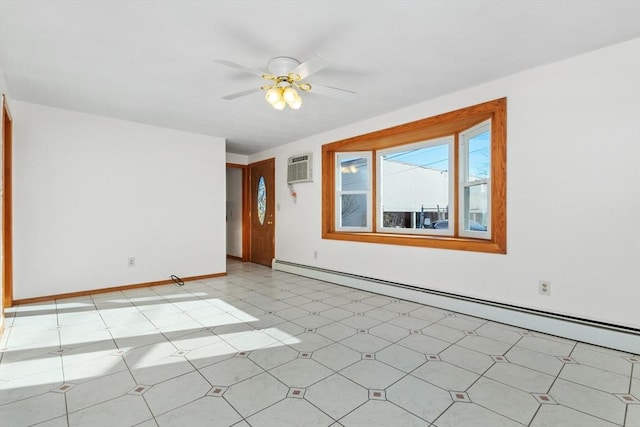 unfurnished room featuring baseboard heating, a wall mounted air conditioner, and ceiling fan