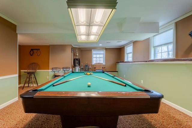 playroom with carpet flooring, baseboards, and billiards
