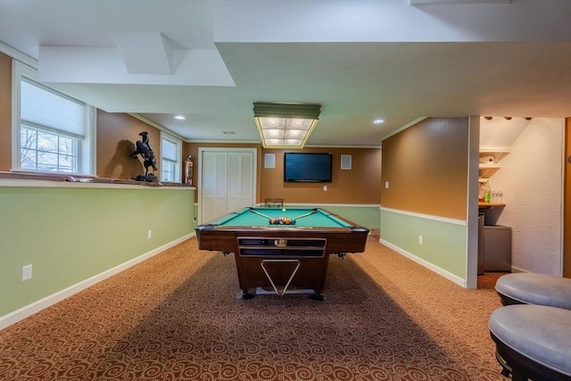 game room with baseboards, pool table, recessed lighting, and carpet flooring