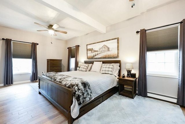 bedroom with beamed ceiling, ceiling fan, light wood-type flooring, and a baseboard heating unit