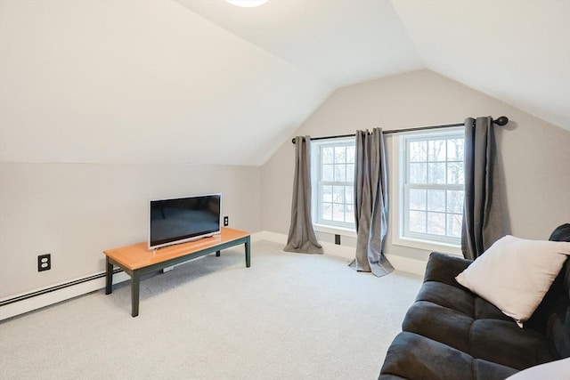 interior space with vaulted ceiling, light colored carpet, and a baseboard radiator