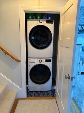 1 Karas Way, Plymouth, MA 02360 - washroom featuring stacked washer / drying machine and baseboards