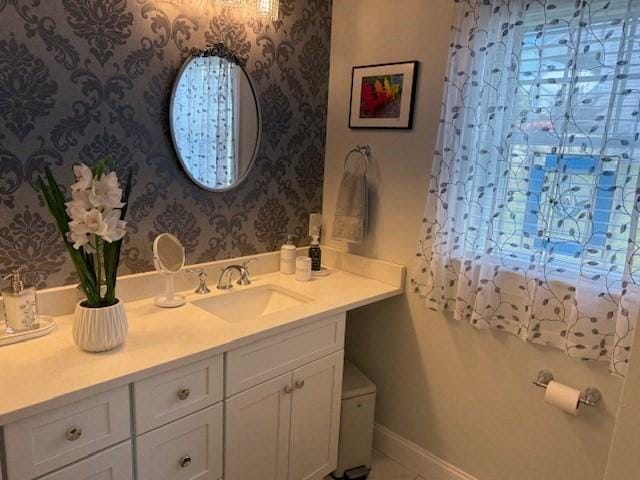 1 Karas Way, Plymouth, MA 02360 - bathroom with vanity, wallpapered walls, and baseboards