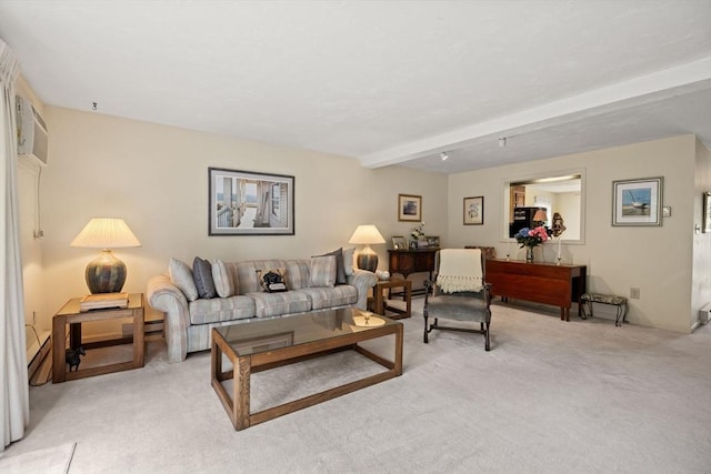 living room featuring light colored carpet, beam ceiling, and baseboard heating
