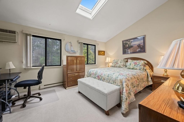 bedroom featuring a baseboard heating unit, a wall mounted air conditioner, light colored carpet, lofted ceiling, and a desk