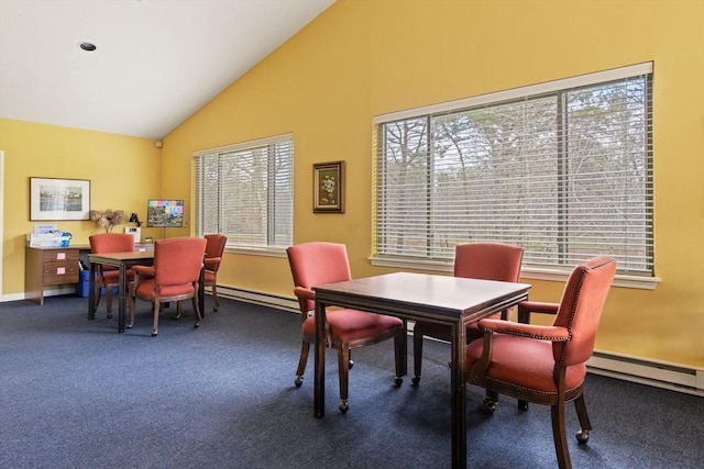 carpeted dining room featuring an office area, high vaulted ceiling, baseboards, and a baseboard radiator