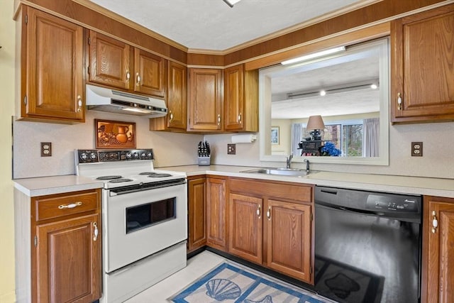 kitchen featuring under cabinet range hood, black dishwasher, white electric range, a sink, and brown cabinets
