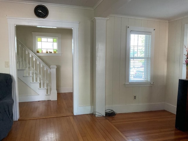 16 Knox St, Worcester, MA 01603 - foyer with hardwood / wood-style floors, baseboards, ornamental molding, and stairway