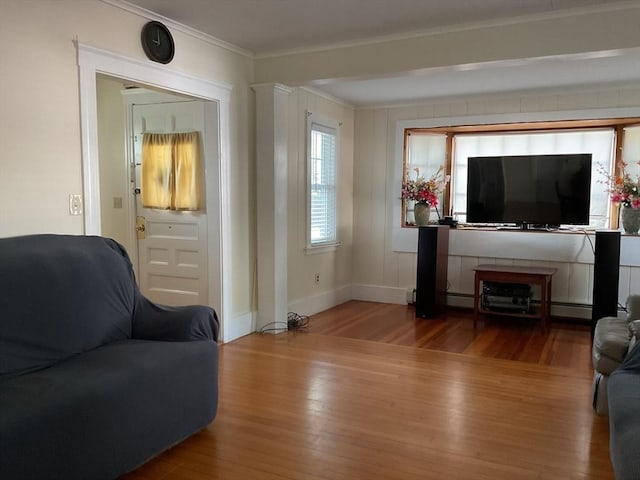 16 Knox St, Worcester, MA 01603 - living area featuring wood finished floors, crown molding, and baseboards