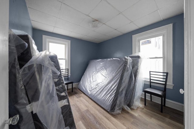 bedroom with baseboards, wood finished floors, and a paneled ceiling
