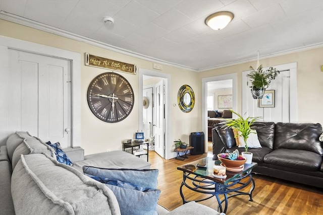 living room with wood finished floors and ornamental molding