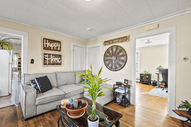 living area featuring crown molding and wood finished floors