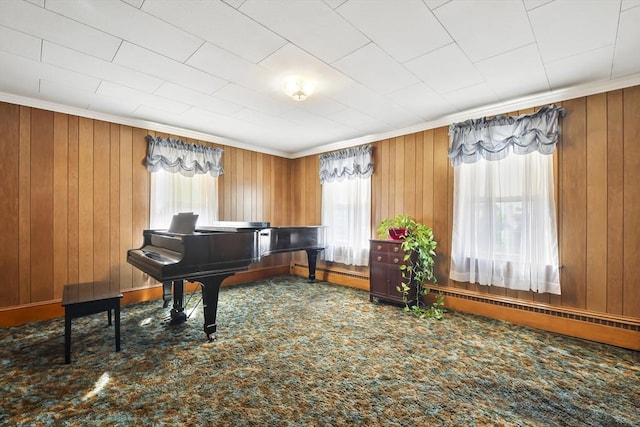 sitting room with wooden walls, crown molding, carpet floors, and baseboard heating