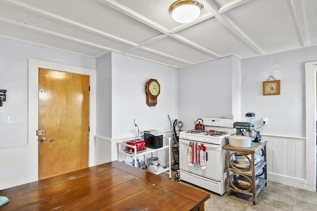 kitchen featuring white range with gas stovetop and a wainscoted wall