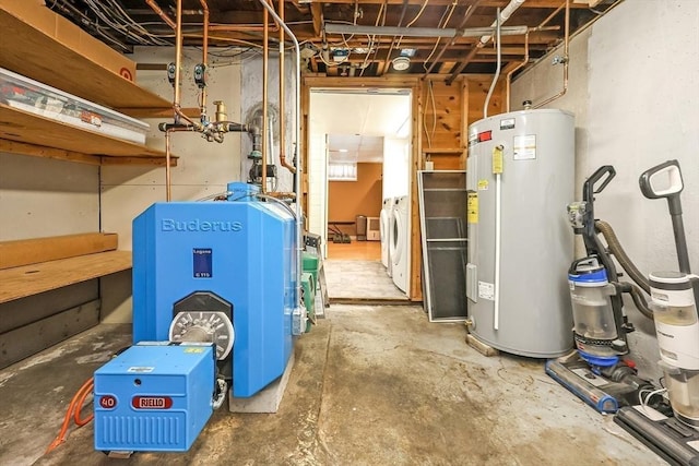 utility room with washer / dryer, water heater, and a heating unit