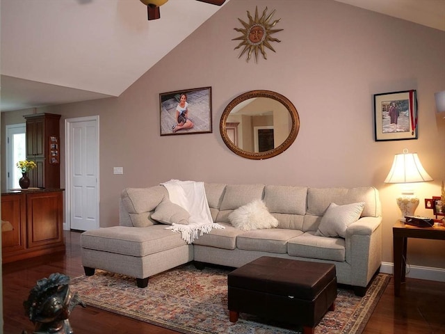 4 Bluebird Ln Unit 4, Killingly, CT 06241 - living room with vaulted ceiling, dark wood-style floors, baseboards, and a ceiling fan