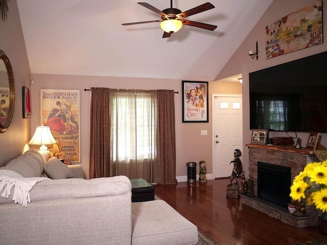 4 Bluebird Ln Unit 4, Killingly, CT 06241 - living room with wood finished floors, a ceiling fan, baseboards, a fireplace, and high vaulted ceiling