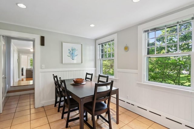10 Orchard Rd, Gloucester, MA 01930 - dining area featuring a baseboard heating unit, light tile patterned floors, wainscoting, and recessed lighting
