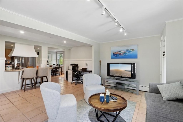 10 Orchard Rd, Gloucester, MA 01930 - living room featuring light tile patterned flooring, track lighting, ornamental molding, and recessed lighting