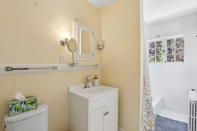 10 Orchard Rd, Gloucester, MA 01930 - bathroom with toilet, vanity, shower / bath combo, and radiator heating unit