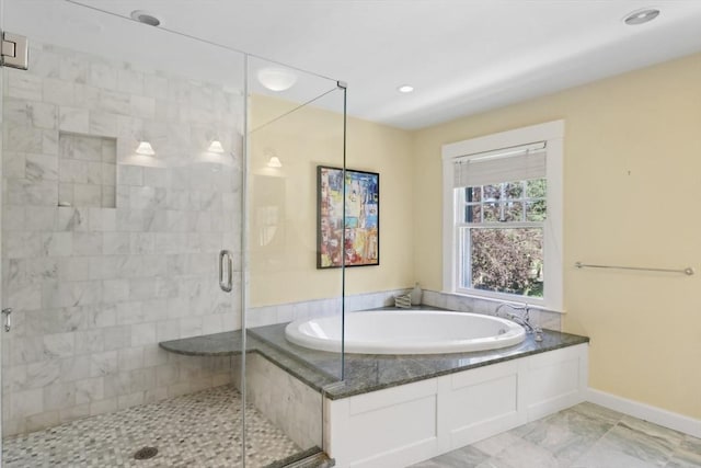 10 Orchard Rd, Gloucester, MA 01930 - bathroom featuring a bath, a shower stall, baseboards, marble look tiles, and recessed lighting