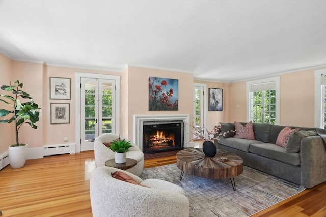 10 Orchard Rd, Gloucester, MA 01930 - living room featuring baseboard heating, wood finished floors, ornamental molding, and a lit fireplace