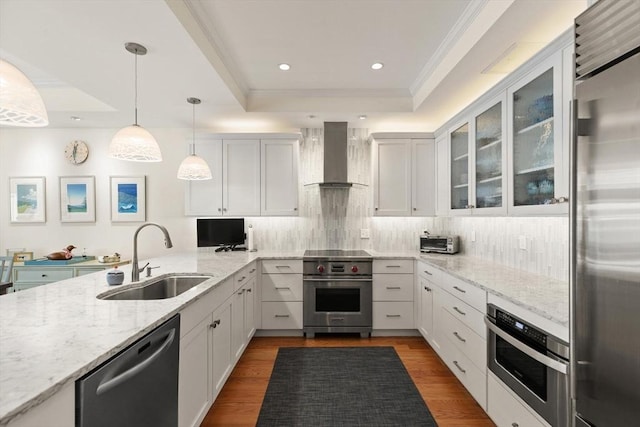 kitchen with premium appliances, wall chimney exhaust hood, wood finished floors, a raised ceiling, and a sink