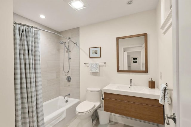 full bathroom with recessed lighting, shower / bathtub combination with curtain, toilet, and vanity