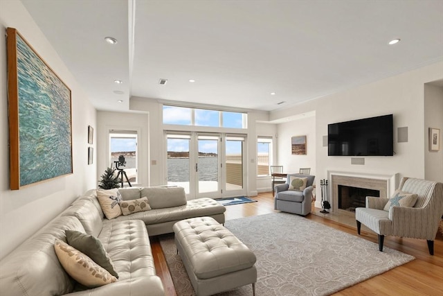 living room with light wood finished floors, a healthy amount of sunlight, a fireplace, and french doors