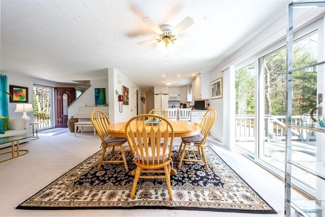 dining room featuring a ceiling fan, light carpet, and a healthy amount of sunlight