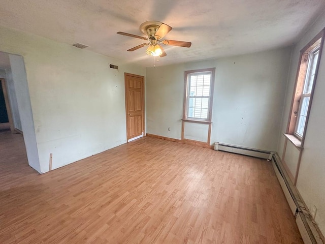 233 Grove St, Woonsocket, RI 02895 - unfurnished room with a baseboard heating unit, light wood-style floors, ceiling fan, and baseboards