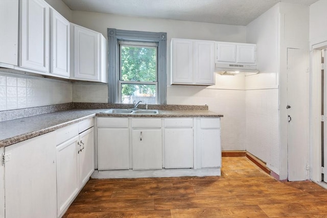 72 Hall St, Springfield, MA 01108 - kitchen featuring under cabinet range hood, wood finished floors, white cabinets, and tasteful backsplash