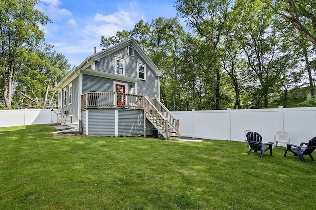 171 Boyce St, Auburn, MA 01501 - rear view of house with stairs, a fenced backyard, and a wooden deck