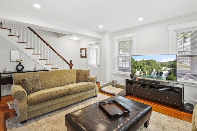 171 Boyce St, Auburn, MA 01501 - living area featuring wood finished floors, stairs, and recessed lighting