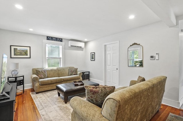 171 Boyce St, Auburn, MA 01501 - living room with a wall mounted air conditioner, hardwood / wood-style flooring, and recessed lighting