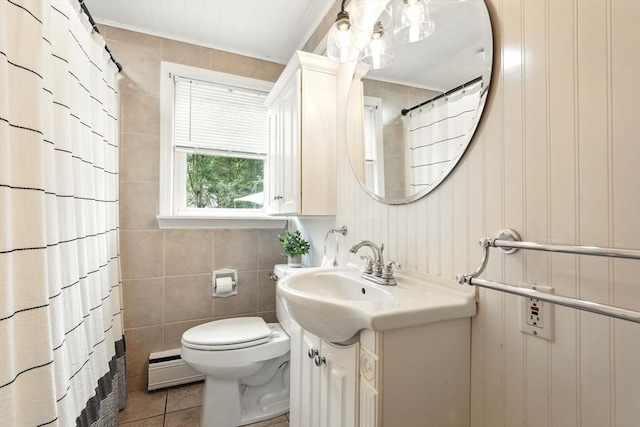 116 Anthony St, Agawam, MA 01001 - full bath with baseboard heating, vanity, toilet, tile patterned flooring, and a shower with curtain
