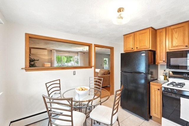 116 Anthony St, Agawam, MA 01001 - kitchen with black appliances, a wall mounted AC, and light tile patterned flooring