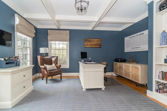 home office featuring beamed ceiling, coffered ceiling, dark hardwood / wood-style floors, and crown molding