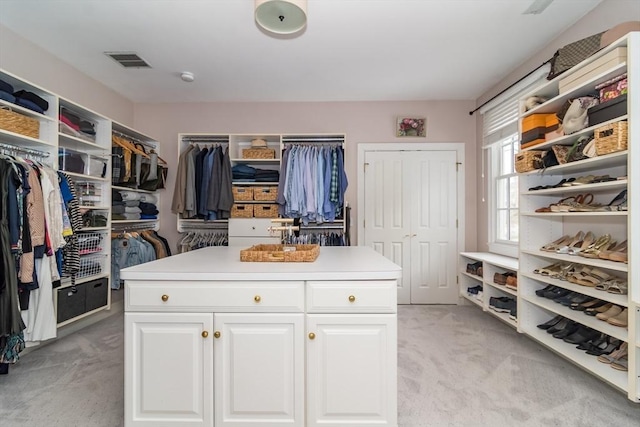 walk in closet with light carpet