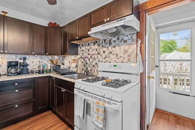 kitchen with white gas range, under cabinet range hood, a sink, light wood-style floors, and dark brown cabinets