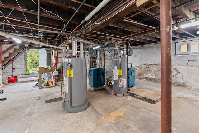 basement with water heater, a heating unit, and stairs