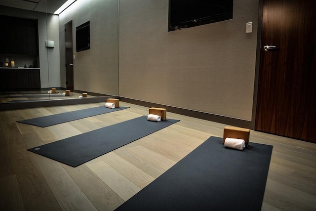 exercise room featuring light hardwood / wood-style floors