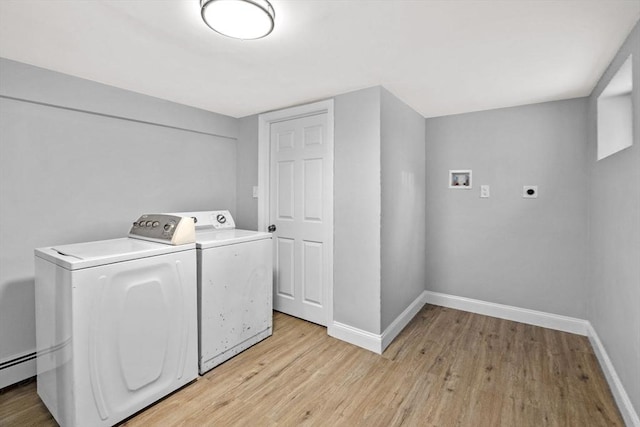 clothes washing area featuring electric dryer hookup, a baseboard heating unit, and light hardwood / wood-style floors