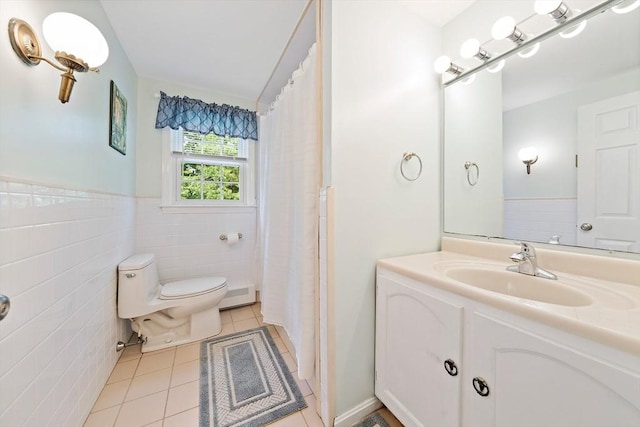 1102 State Rd, Plymouth, MA 02360 - bathroom with tile patterned flooring, tile walls, vanity, a wainscoted wall, and a shower with curtain