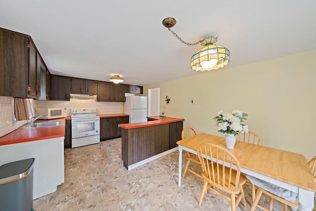1102 State Rd, Plymouth, MA 02360 - kitchen featuring white appliances, dark brown cabinets, decorative backsplash, and range hood