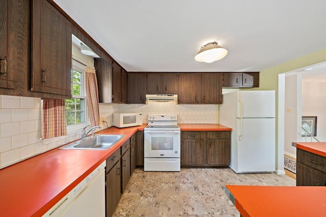 1102 State Rd, Plymouth, MA 02360 - kitchen with white appliances, exhaust hood, tasteful backsplash, and dark brown cabinets