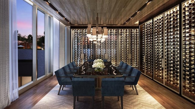 wine cellar with wood ceiling and hardwood / wood-style floors